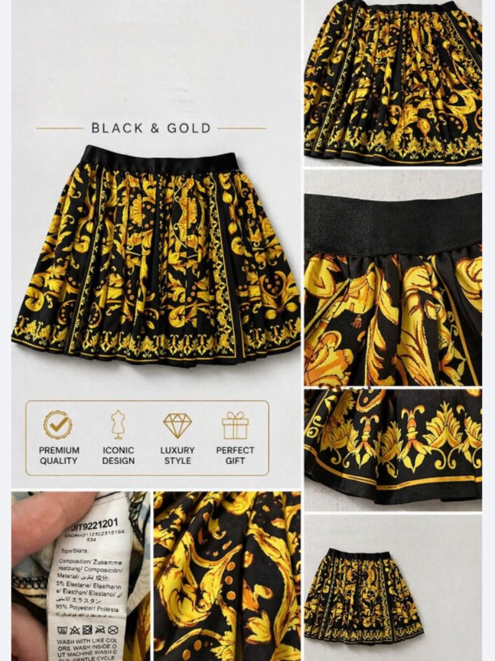 Black Gold Baroque Skater Skirt High Waist Flare Mini Luxury Style Statement Pie